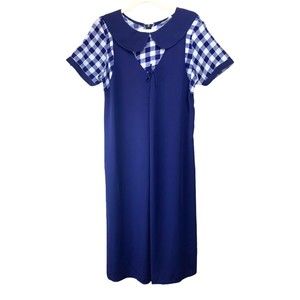 Vintage 70s Women's Blue Check Short Sleeve Dress Size XL Back Zip Pocket
